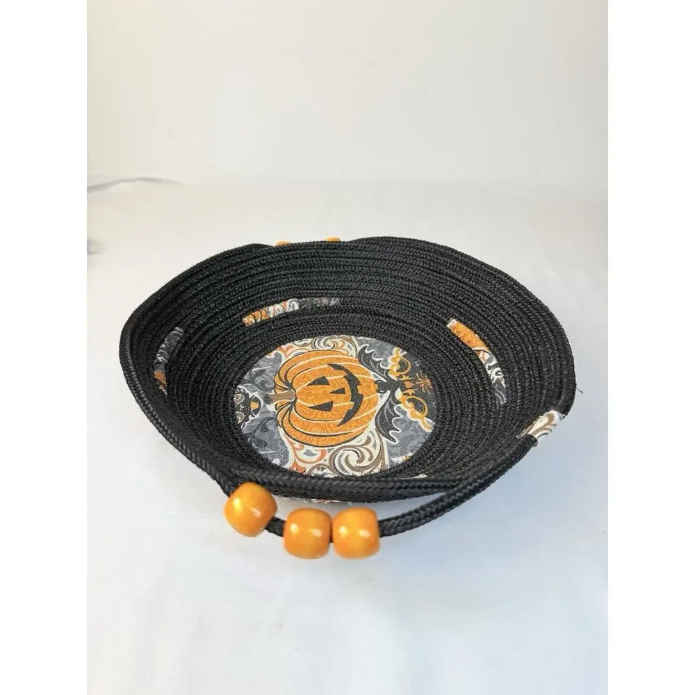 Small Handmade Halloween Coiled Fabric Rope Basket Jack O Lantern Bowl